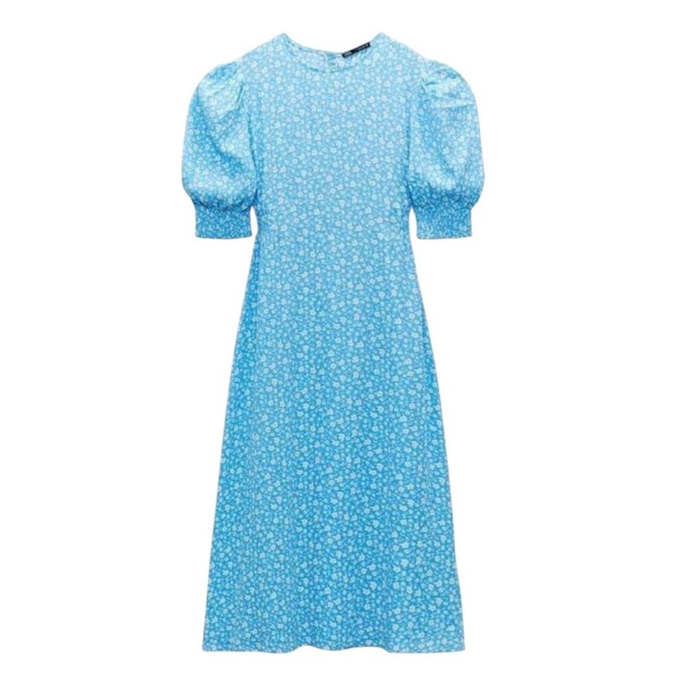 Zara X-Small Baby Blue Ditsy Floral Short Puff Sleeve Ruffle Maxi Dress Long